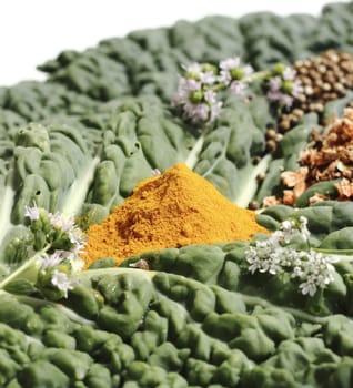 up close spices heaps on the cabbage sheet