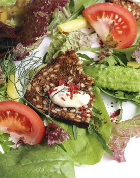 snack with toasted black bread and vegetables 