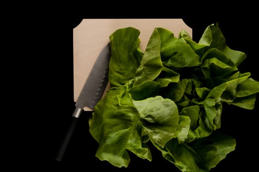 salad with knife on wooden cutting board on black background