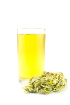Chrysanthemum tea, cold healthy drink with dry Chrysanthemum on white background