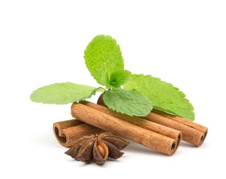 Mint with cinnamon on wood background