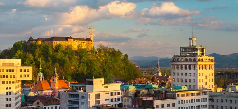 Cityscape of the Slovenian capital Ljubljana at sunset.