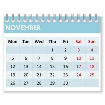 Calendar sheet for november month in white background, week starts from monday