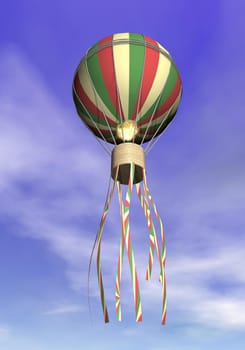 Hot air balloon floating high in the cloudy sky
