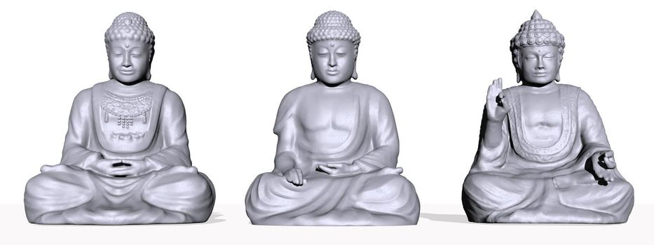 Three grey buddhas isolated in white background