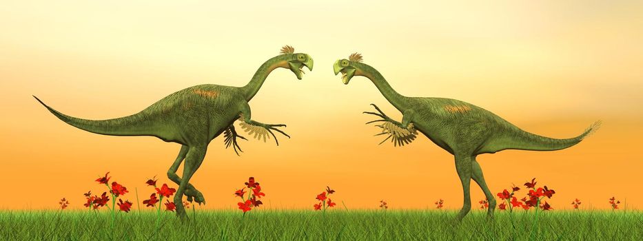 Two gigantoraptor dinosaurs fighting on the green grass by sunset