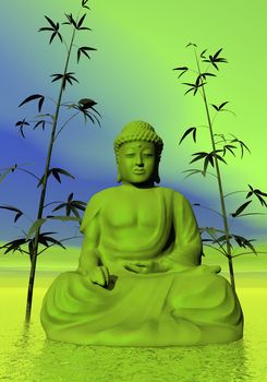 One buddha next to bamboos in green background