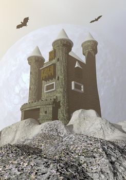 Fantasy castle made of grey stone upon a rocky mountain by foggy light with full moon and bats
