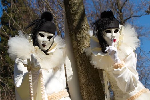 Black and white Pierrot couple at the 2014 Annecy venetian carnival, France