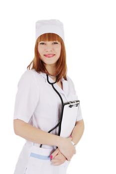 Medical doctor woman with stethoscope and papers isolated over white