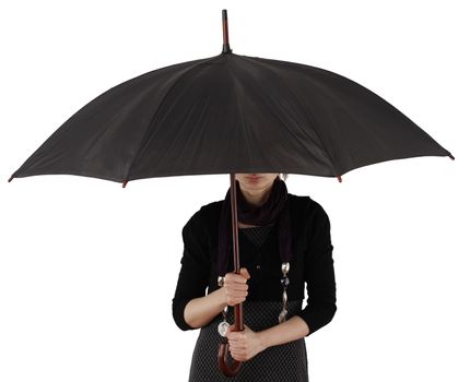 Woman with big umbrella, on white