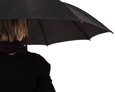 Woman with big umbrella, on white