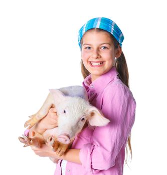 Little farmer. Cute girl with pig. Isolated on white background.