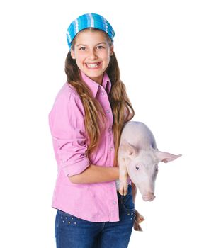 Little farmer. Cute girl with pig. Isolated on white background.