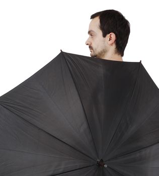 Man with big umbrella, on white