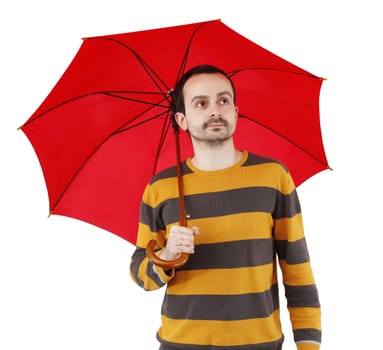 Man with big umbrella, on white