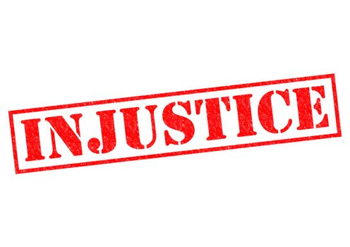 INJUSTICE red Rubber Stamp over a white background.