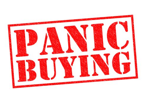 PANIC BUYING red Rubber Stamp over a white background.