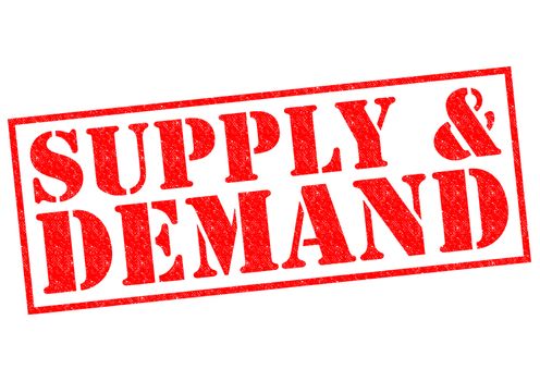 SUPPLY & DEMAND red Rubber Stamp over a white background.