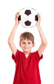 Cute boy is holding a football ball made of genuine leather isolated on a white background. Soccer ball