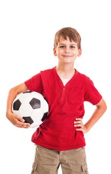 Cute boy is holding a football ball made of genuine leather isolated on a white background. Soccer ball