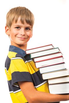 School boy is holding books isolated on white background