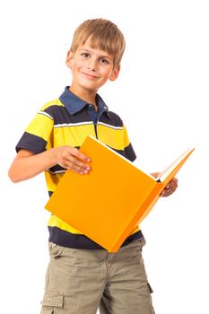 School boy is holding a book isolated on white background