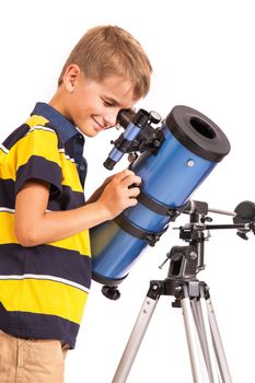 Child Looking Into Telescope Star Gazing Little Boy isolated on a white background
