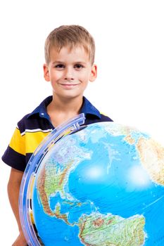 Boy holding a globe isolated on white background