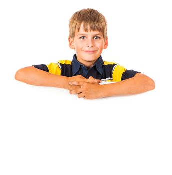 Boy holding a banner isolated on white background