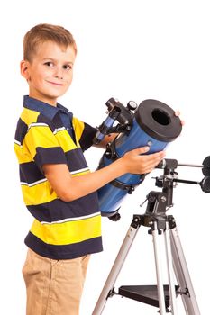 Child Looking Into Telescope Star Gazing Little Boy isolated on a white background