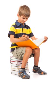 Schoolboy is sitting on books isolated on a white background. Back to school
