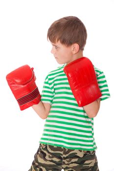 Angry boy pugilist isolated on a white background