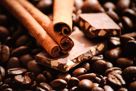 Close-up of roasted coffee beans and pieces of chocolate and cinnamon