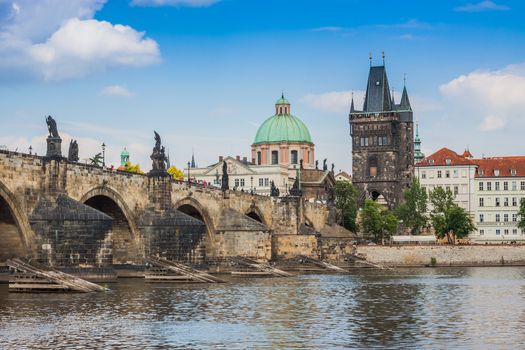 Karlov or charles bridge and river Vltava in Prague in summer