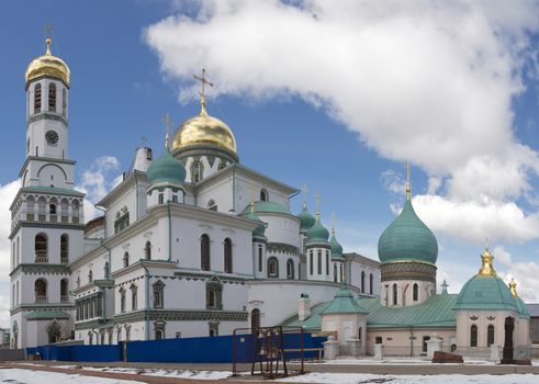Cathedral of the Resurrection and its surrounding churches on the site of New Jerusalem Monastery founded in 1656  currently undergoing complete reconstruction, Istra town, Moscow region, Russia. 