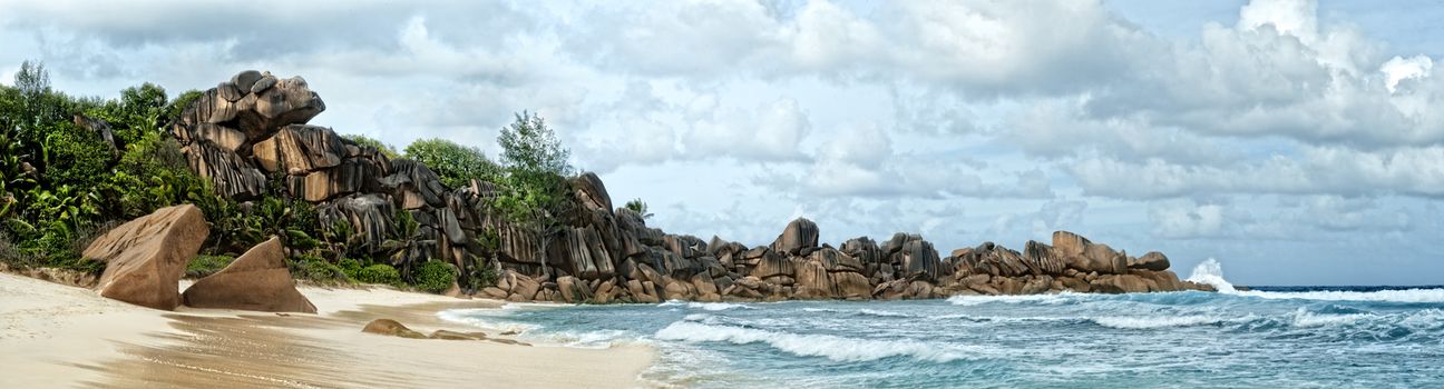 Lovely deserted beach south-west of La Digue island, Seychelles