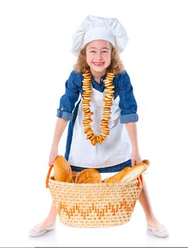Little Cook With A Backet With Bread. Isolated on white background.