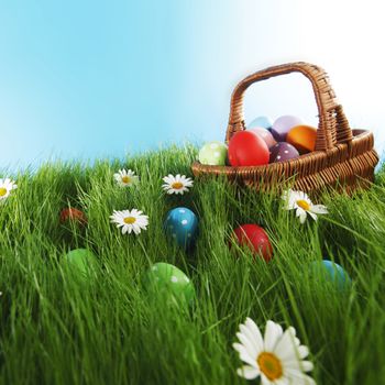 Basket of easter eggs on green grass and flowers