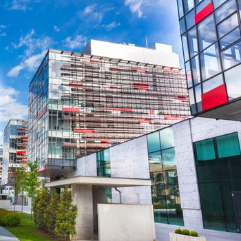 Alley with office buildings in modern Ljubljana area. Slovenia, Europe.