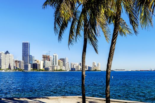 Miami Downtown skyline in daytime with Biscayne Bay.