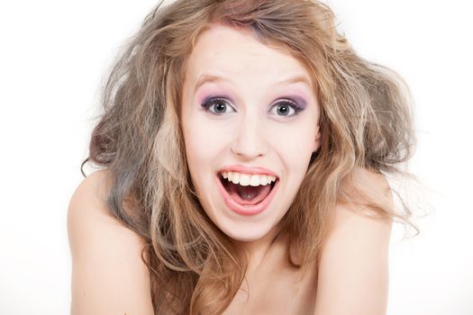 Portrait from young blond woman on a white background with much skin visible