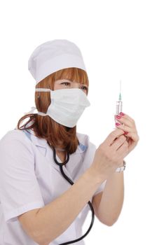 Medical doctor woman in mask and syringe over white