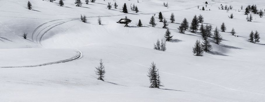 Snowy landscape with trees and mountain hut, Alta Badia - Dolomites, Italy