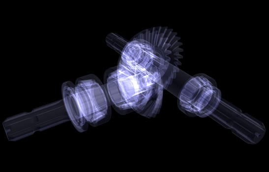 Hypoid gear. X-ray render. Isolated on a black background