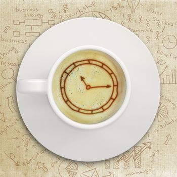 Cup of coffee standing on a abstract surface. Picture of the clock face in the coffee crema. top view
