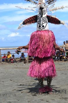 Traditional tribal dance at mask festival.
7th Gulf Mask Festival, Toare Village, Gulf Province, Papua New Guinea on June 19, 2011