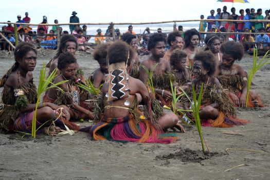 Traditional tribal dance at mask festival.
7th Gulf Mask Festival, Toare Village, Gulf Province, Papua New Guinea on June 19, 2011