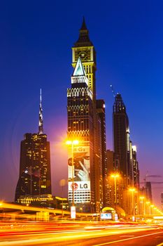 DUBAI, UAE - NOVEMBER 14: Modern skyscrapers, Sheikh zayed roads on November 14, 2013 in Dubai, United Arab Emirates. Dubai is the fastest growing city in the world.