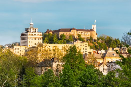 Cityscape of the Slovenian capital Ljubljana at sunset.